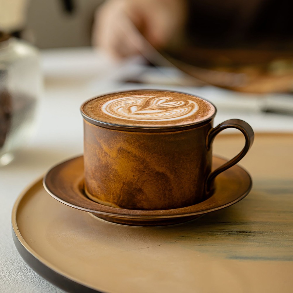 Japanese Pottery - Japanse retro koffiekop en -schotelset, grote